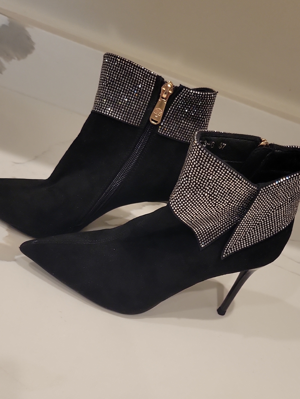 Black Crystal-Trim Pointed Toe Ankle Boots 6.5